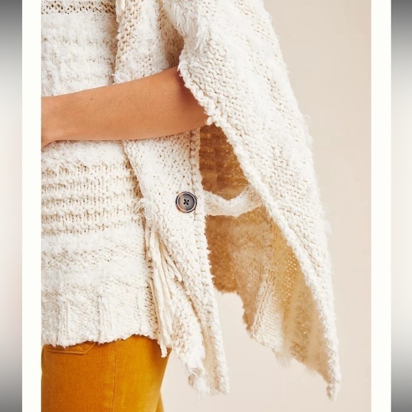 Anthropologie Marilyn Poncho Sweater Ivory White Fringe Mock Neck Size XS  / S - Picture 10 of 16